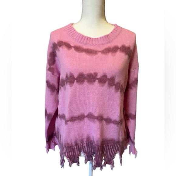 Davi & Dani Pink Tie-Dye Distressed Hem Knit Sweater Size Medium - Picture 1 of 7